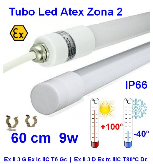 Plafoniera Atex 9W 60 cm 24V IP66 Cat 3 alta Temp.